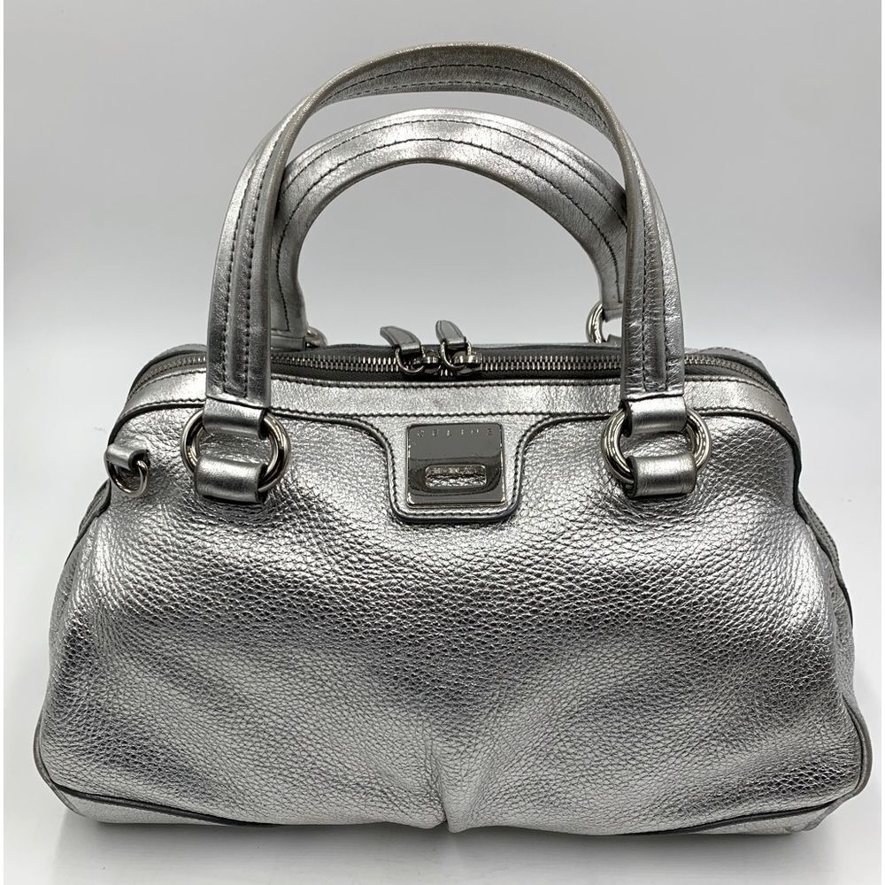 Celine Metallic Silver Pebble Grain Leather Zip Around Soft  Boston Bowler Bag